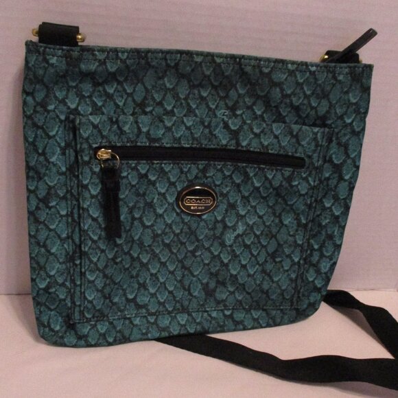 Coach Woman Medium Black Green Top Zip Pockets Shoulder Bag Hand Purse - Picture 1 of 10